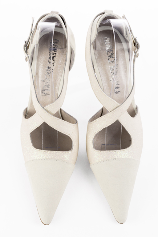 Off white women's open side shoes, with crossed straps. Pointed toe. Very high spool heels. Top view - Florence KOOIJMAN